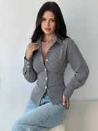 Firerie Women's Blue And White Striped Long Sleeve Shirt, Tie-Waist Shirt, Casual Commuter Shirt, Vacation Shirt, Cinched Waist Striped Shirt, Suitable For Spring, Summer, Autumn And Winter, Elegant, Vacation, Bohemian, Work Attire