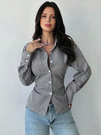 Firerie Women's Blue And White Striped Long Sleeve Shirt, Tie-Waist Shirt, Casual Commuter Shirt, Vacation Shirt, Cinched Waist Striped Shirt, Suitable For Spring, Summer, Autumn And Winter, Elegant, Vacation, Bohemian, Work Attire