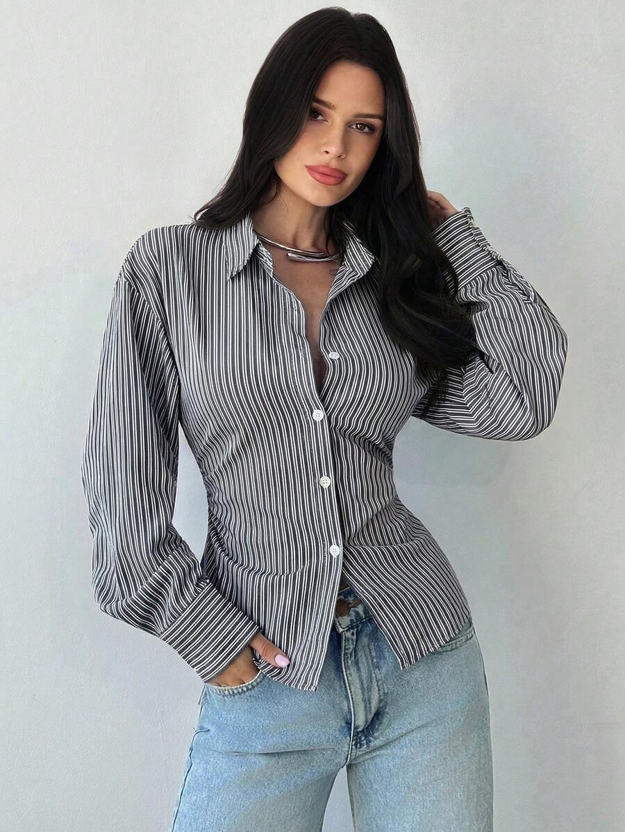Firerie Women's Blue And White Striped Long Sleeve Shirt, Tie-Waist Shirt, Casual Commuter Shirt, Vacation Shirt, Cinched Waist Striped Shirt, Suitable For Spring, Summer, Autumn And Winter, Elegant, Vacation, Bohemian, Work Attire