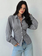 Firerie Women's Blue And White Striped Long Sleeve Shirt, Tie-Waist Shirt, Casual Commuter Shirt, Vacation Shirt, Cinched Waist Striped Shirt, Suitable For Spring, Summer, Autumn And Winter, Elegant, Vacation, Bohemian, Work Attire