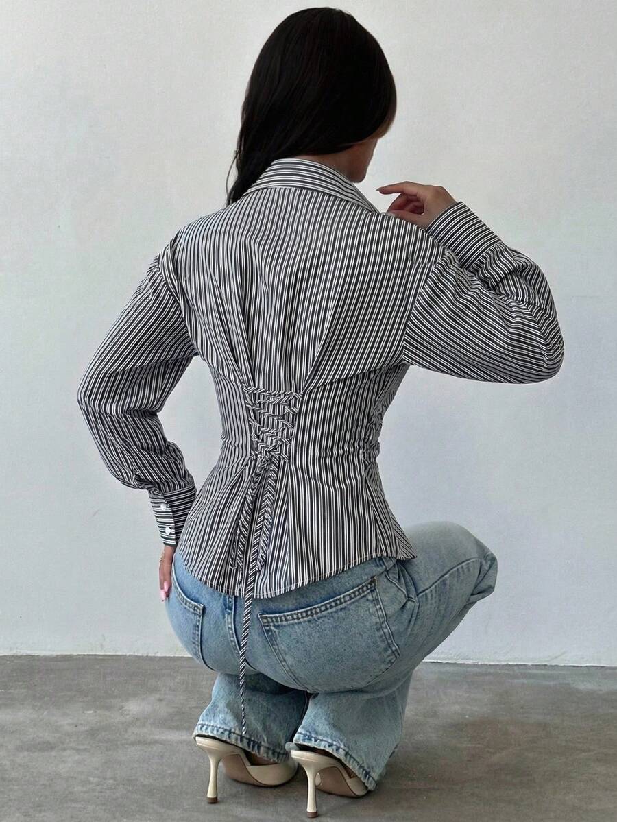 Firerie Women's Blue And White Striped Long Sleeve Shirt, Tie-Waist Shirt, Casual Commuter Shirt, Vacation Shirt, Cinched Waist Striped Shirt, Suitable For Spring, Summer, Autumn And Winter, Elegant, Vacation, Bohemian, Work Attire