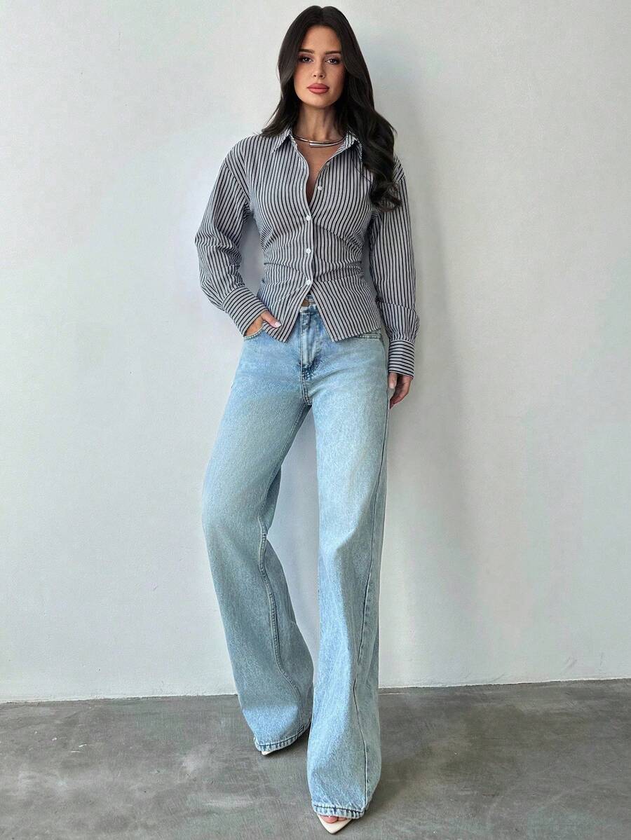 Firerie Women's Blue And White Striped Long Sleeve Shirt, Tie-Waist Shirt, Casual Commuter Shirt, Vacation Shirt, Cinched Waist Striped Shirt, Suitable For Spring, Summer, Autumn And Winter, Elegant, Vacation, Bohemian, Work Attire