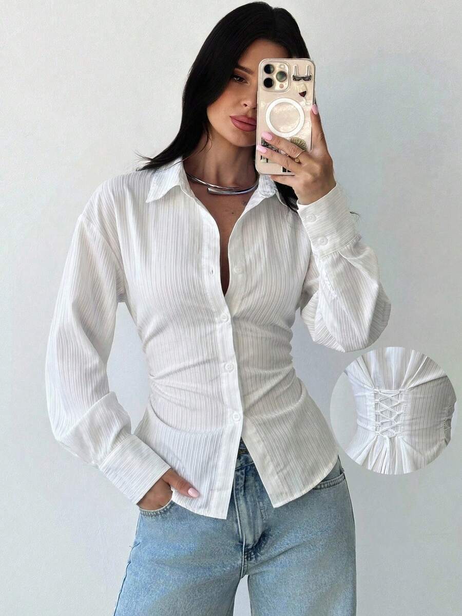 Firerie Women's Blue And White Striped Long Sleeve Shirt, Tie-Waist Shirt, Casual Commuter Shirt, Vacation Shirt, Cinched Waist Striped Shirt, Suitable For Spring, Summer, Autumn And Winter, Elegant, Vacation, Bohemian, Work Attire