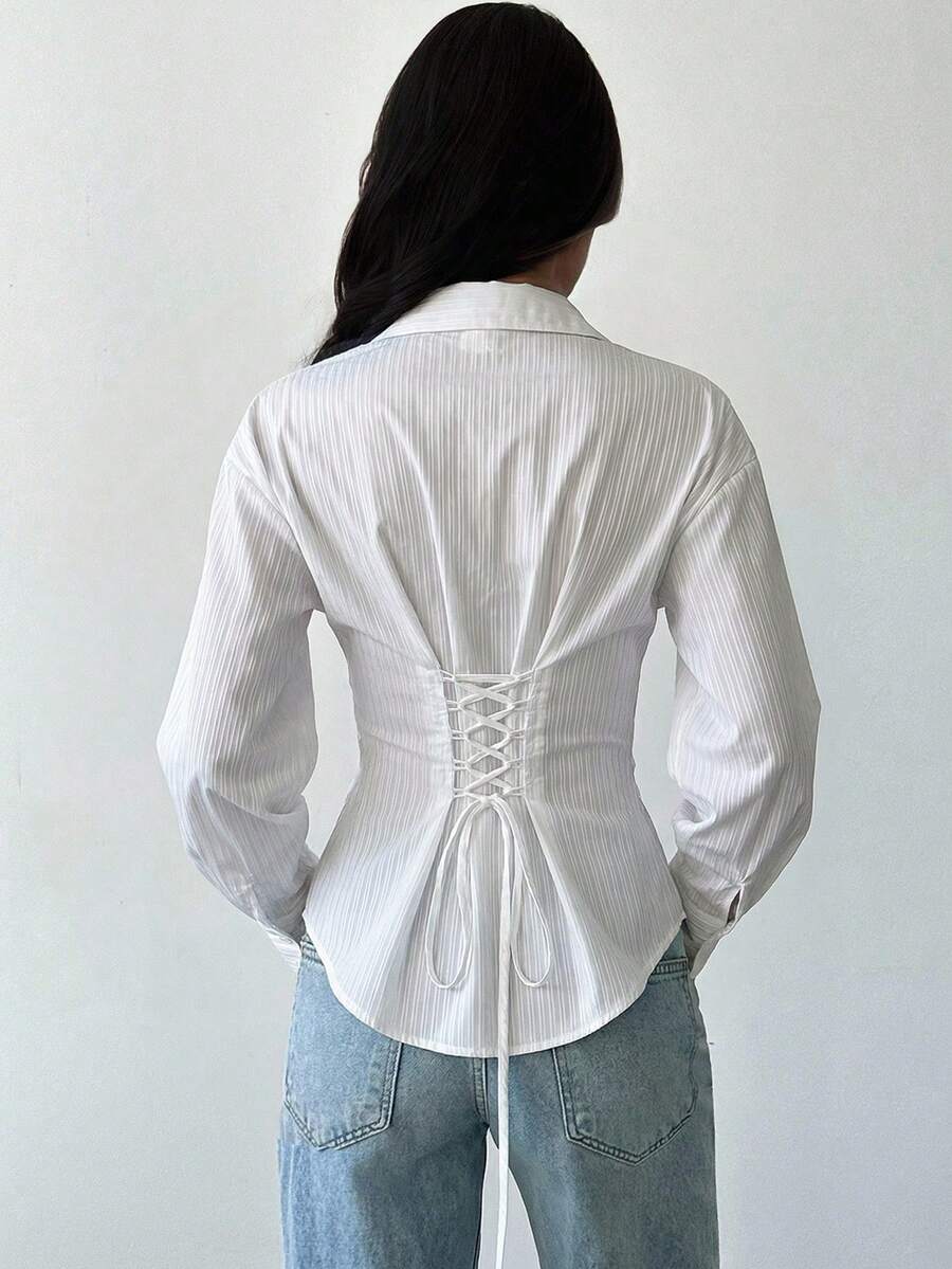 Firerie Women's Blue And White Striped Long Sleeve Shirt, Tie-Waist Shirt, Casual Commuter Shirt, Vacation Shirt, Cinched Waist Striped Shirt, Suitable For Spring, Summer, Autumn And Winter, Elegant, Vacation, Bohemian, Work Attire