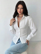 Firerie Women's Blue And White Striped Long Sleeve Shirt, Tie-Waist Shirt, Casual Commuter Shirt, Vacation Shirt, Cinched Waist Striped Shirt, Suitable For Spring, Summer, Autumn And Winter, Elegant, Vacation, Bohemian, Work Attire
