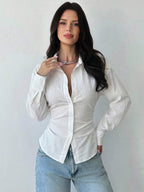 Firerie Women's Blue And White Striped Long Sleeve Shirt, Tie-Waist Shirt, Casual Commuter Shirt, Vacation Shirt, Cinched Waist Striped Shirt, Suitable For Spring, Summer, Autumn And Winter, Elegant, Vacation, Bohemian, Work Attire