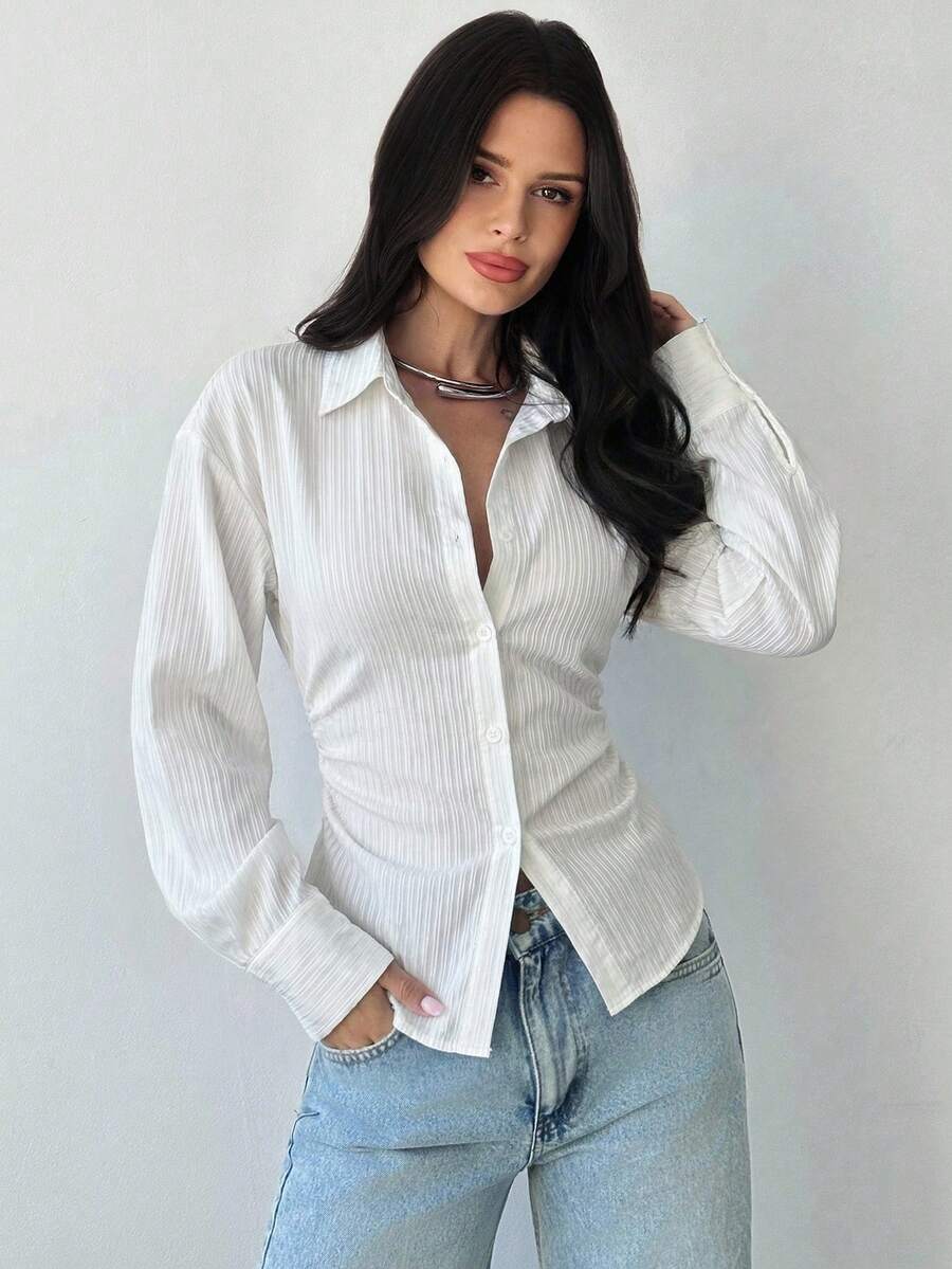 Firerie Women's Blue And White Striped Long Sleeve Shirt, Tie-Waist Shirt, Casual Commuter Shirt, Vacation Shirt, Cinched Waist Striped Shirt, Suitable For Spring, Summer, Autumn And Winter, Elegant, Vacation, Bohemian, Work Attire