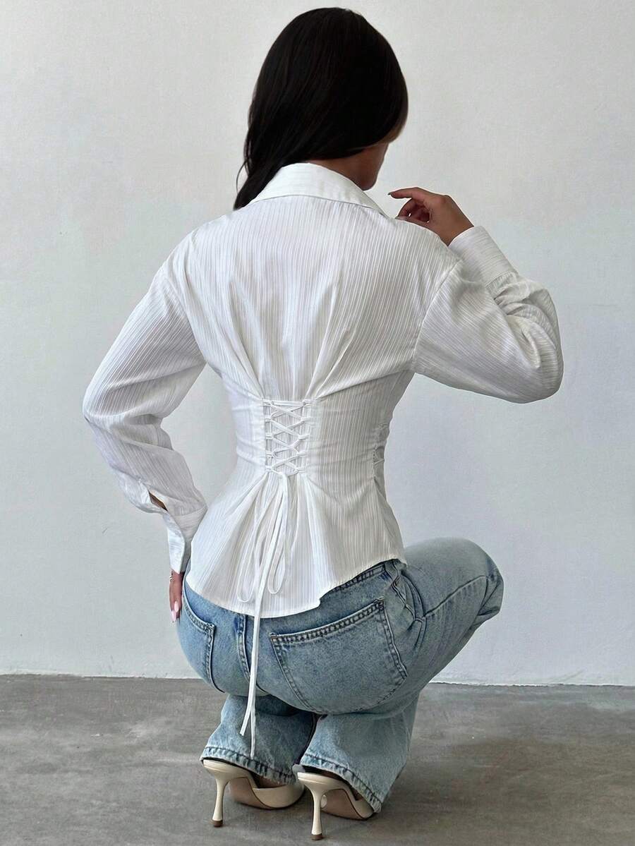 Firerie Women's Blue And White Striped Long Sleeve Shirt, Tie-Waist Shirt, Casual Commuter Shirt, Vacation Shirt, Cinched Waist Striped Shirt, Suitable For Spring, Summer, Autumn And Winter, Elegant, Vacation, Bohemian, Work Attire