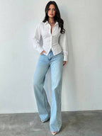 Firerie Women's Blue And White Striped Long Sleeve Shirt, Tie-Waist Shirt, Casual Commuter Shirt, Vacation Shirt, Cinched Waist Striped Shirt, Suitable For Spring, Summer, Autumn And Winter, Elegant, Vacation, Bohemian, Work Attire
