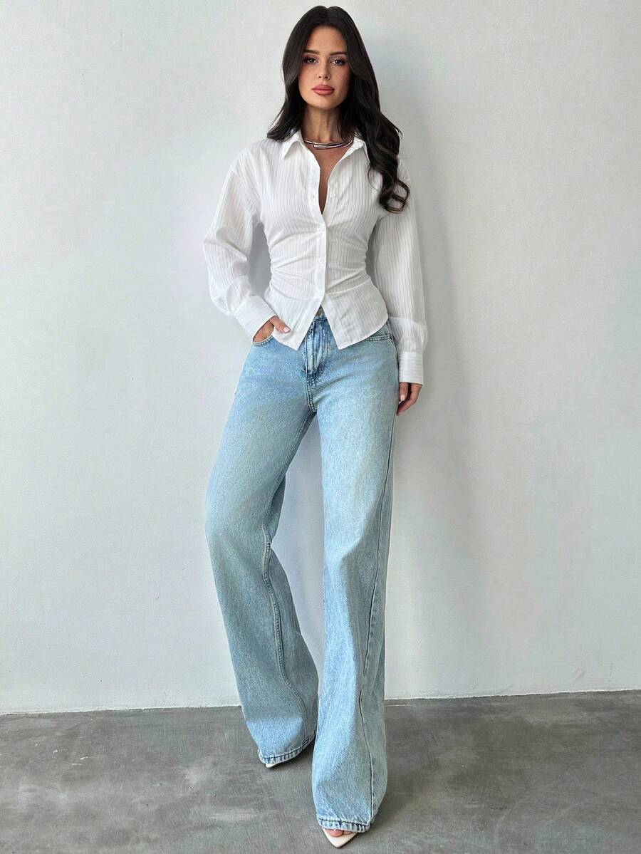 Firerie Women's Blue And White Striped Long Sleeve Shirt, Tie-Waist Shirt, Casual Commuter Shirt, Vacation Shirt, Cinched Waist Striped Shirt, Suitable For Spring, Summer, Autumn And Winter, Elegant, Vacation, Bohemian, Work Attire