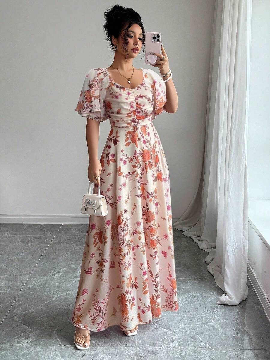 Modelyn Women Chiffon Butterfly Print Batwing Sleeve Drawstring Sweet French Style Mini Dress, Summer