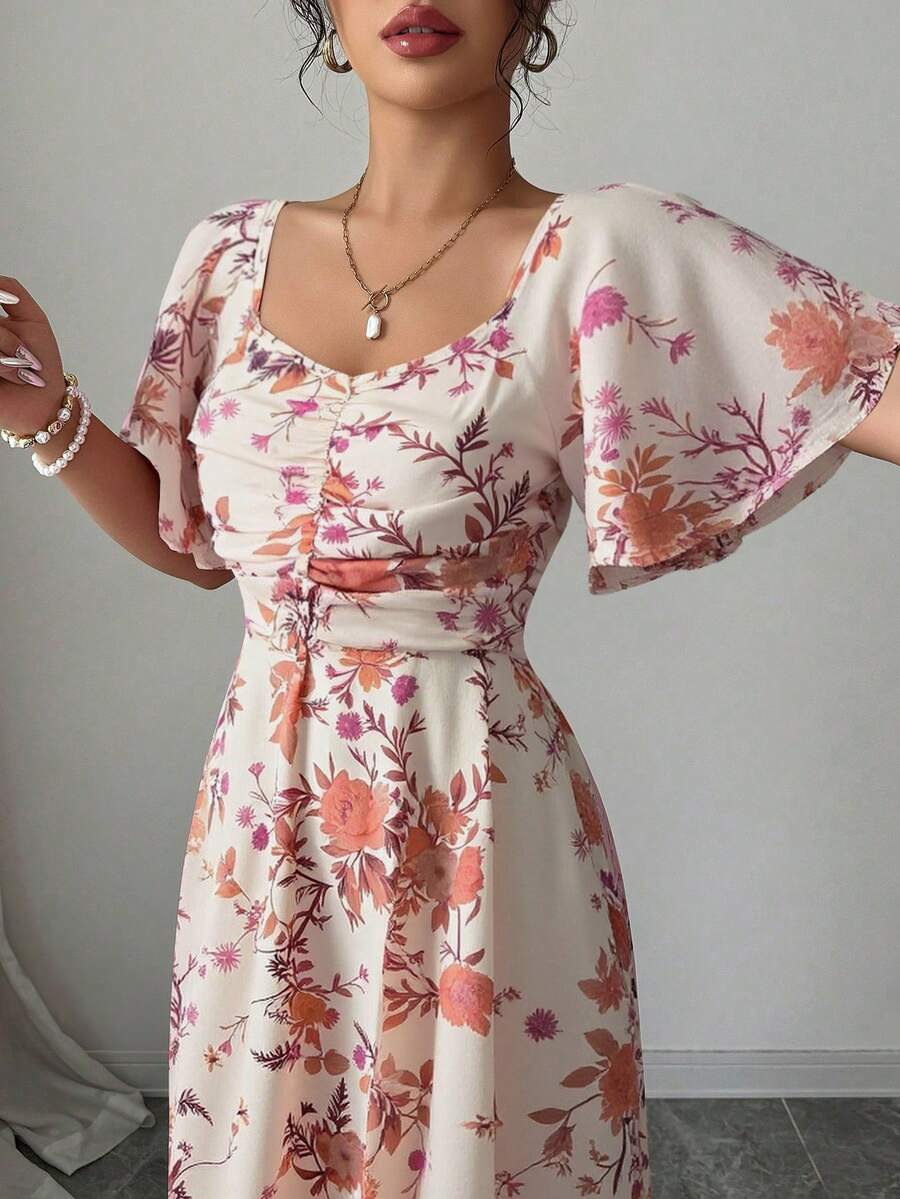 Modelyn Women Chiffon Butterfly Print Batwing Sleeve Drawstring Sweet French Style Mini Dress, Summer