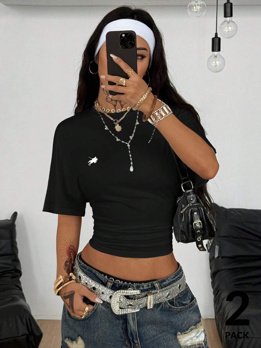 Coolane Women's Summer Minimalist Y2K Basic Daily Wear Casual Back To School Streetwear Stretchy Navy Blue Loose Ruched Crop Tees