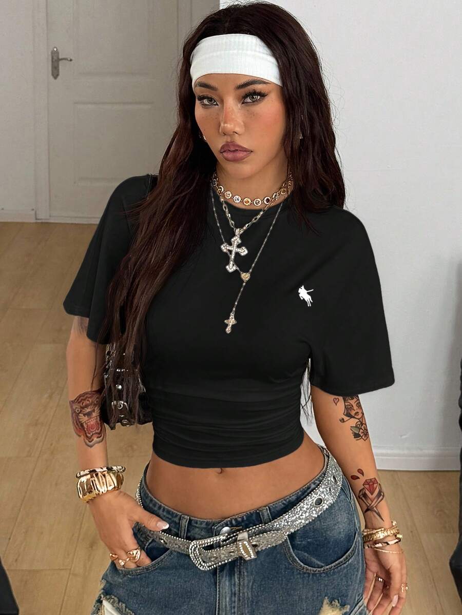 Coolane Women's Summer Minimalist Y2K Basic Daily Wear Casual Back To School Streetwear Stretchy Navy Blue Loose Ruched Crop Tees