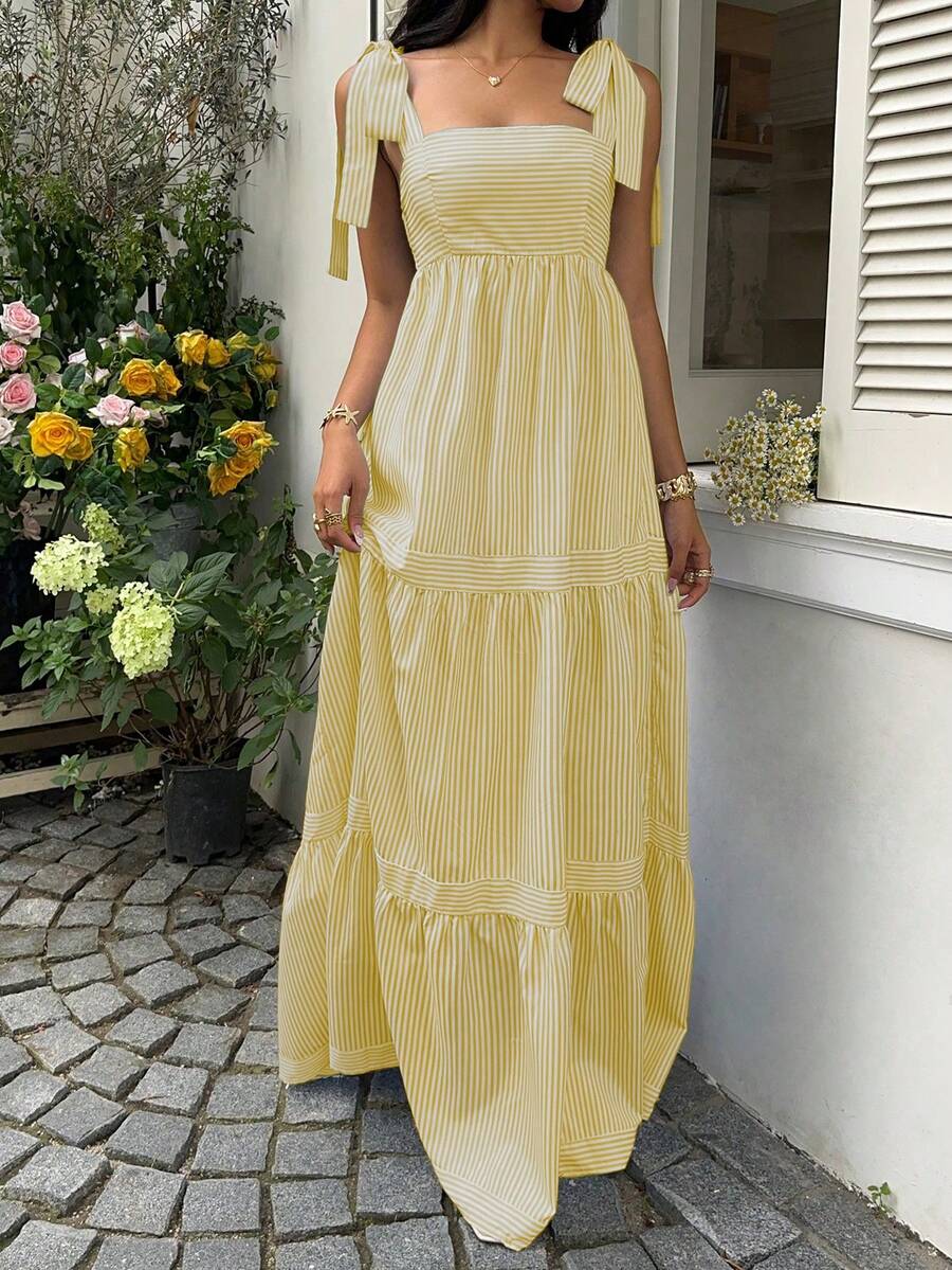 SHEIN Unity Blue Striped Square Neck High Waist Sleeveless Backless Spaghetti Strap Drawstring Maxi Dress, Sexy & Vacation Style, Spring/Summer