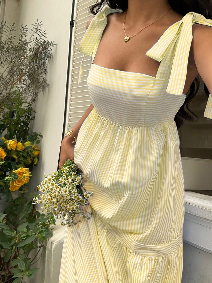 SHEIN Unity Blue Striped Square Neck High Waist Sleeveless Backless Spaghetti Strap Drawstring Maxi Dress, Sexy & Vacation Style, Spring/Summer