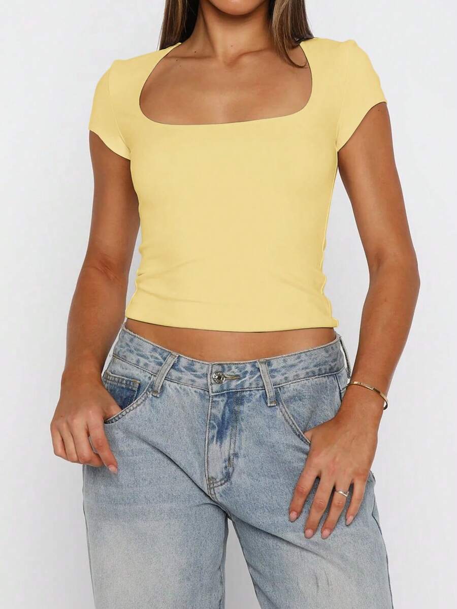 Vaiaye Women's Spring-Summer Sexy Fitted Knit Top, Solid Color Square Neck Casual T-Shirt, Suitable For Valentine's Day