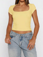 Vaiaye Women's Spring-Summer Sexy Fitted Knit Top, Solid Color Square Neck Casual T-Shirt, Suitable For Valentine's Day