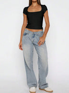 Vaiaye Women's Spring-Summer Sexy Fitted Knit Top, Solid Color Square Neck Casual T-Shirt, Suitable For Valentine's Day