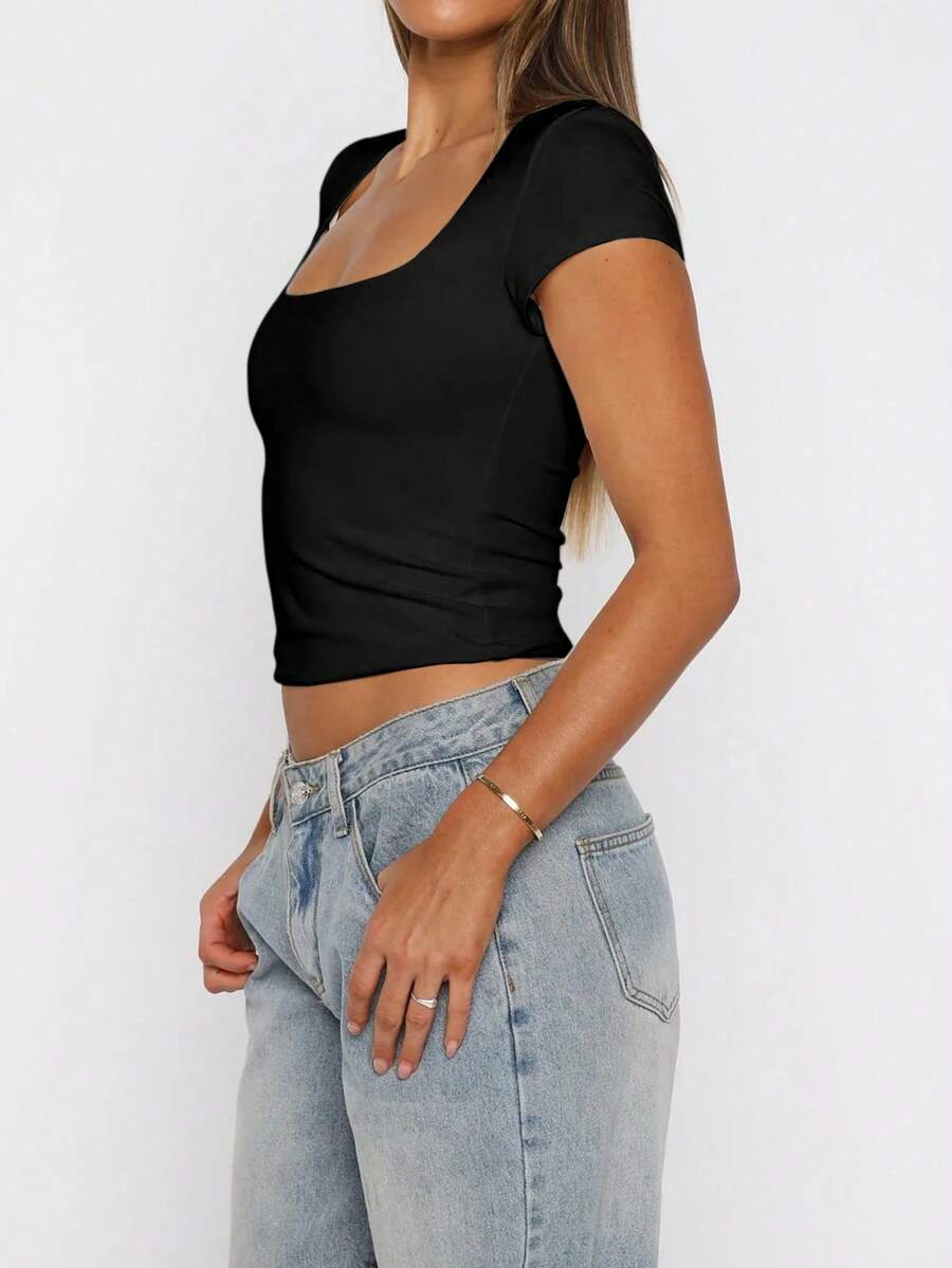 Vaiaye Women's Spring-Summer Sexy Fitted Knit Top, Solid Color Square Neck Casual T-Shirt, Suitable For Valentine's Day