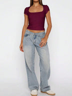 Vaiaye Women's Spring-Summer Sexy Fitted Knit Top, Solid Color Square Neck Casual T-Shirt, Suitable For Valentine's Day