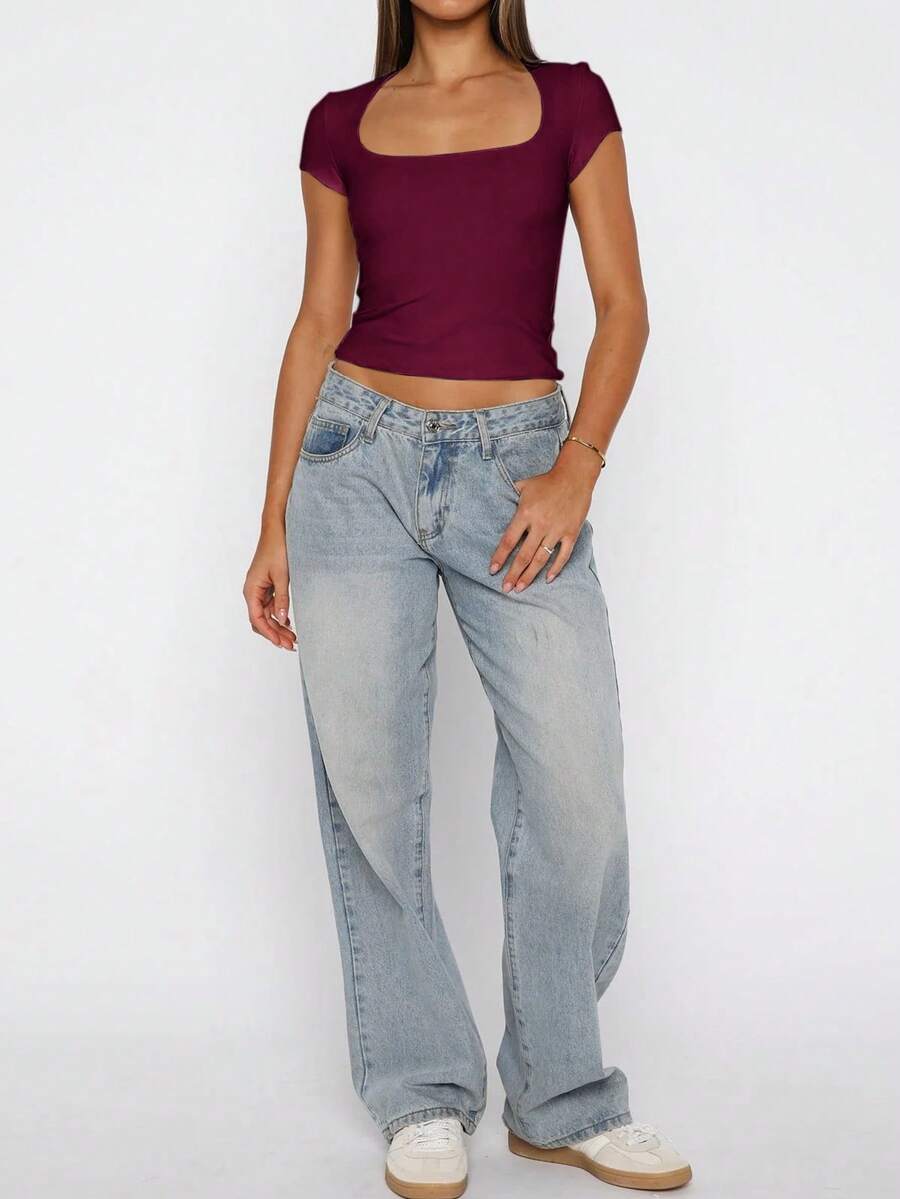 Vaiaye Women's Spring-Summer Sexy Fitted Knit Top, Solid Color Square Neck Casual T-Shirt, Suitable For Valentine's Day