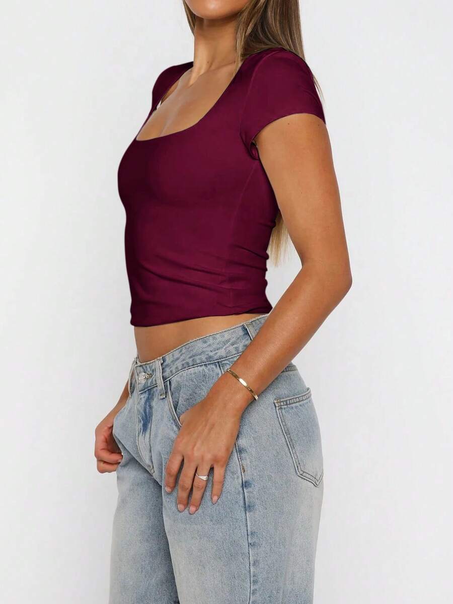 Vaiaye Women's Spring-Summer Sexy Fitted Knit Top, Solid Color Square Neck Casual T-Shirt, Suitable For Valentine's Day