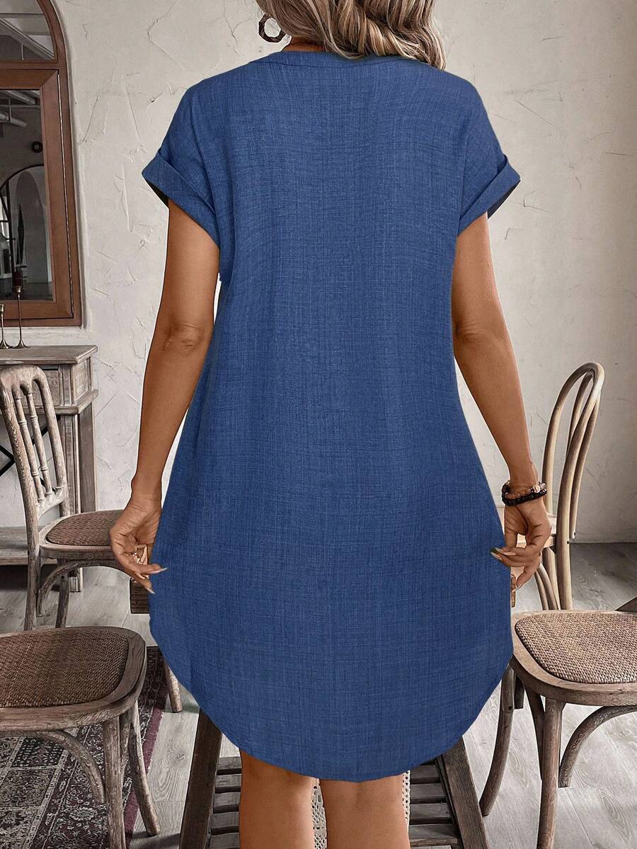 EMERY ROSE Solid Notched Button Front Batwing Sleeve Shirt Dress,Summer Dresses For Women