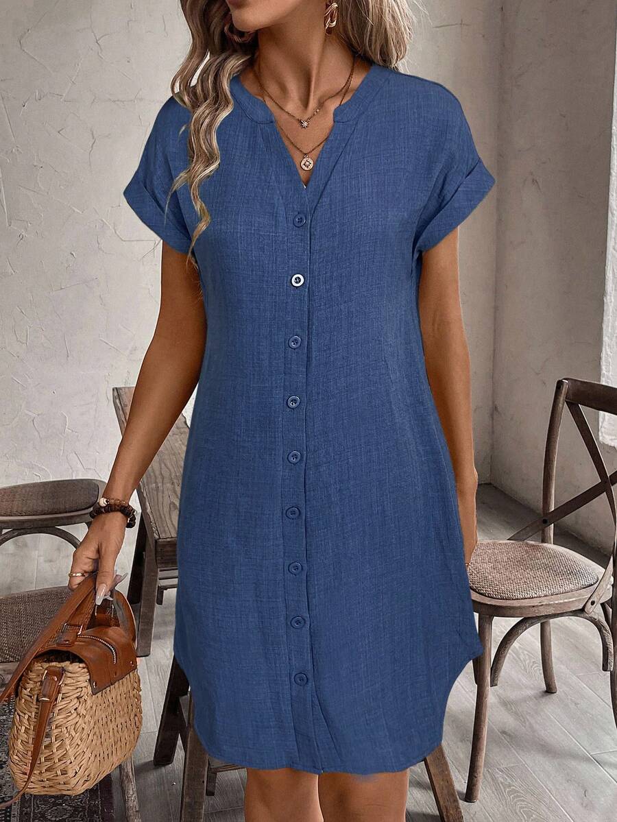 EMERY ROSE Solid Notched Button Front Batwing Sleeve Shirt Dress,Summer Dresses For Women