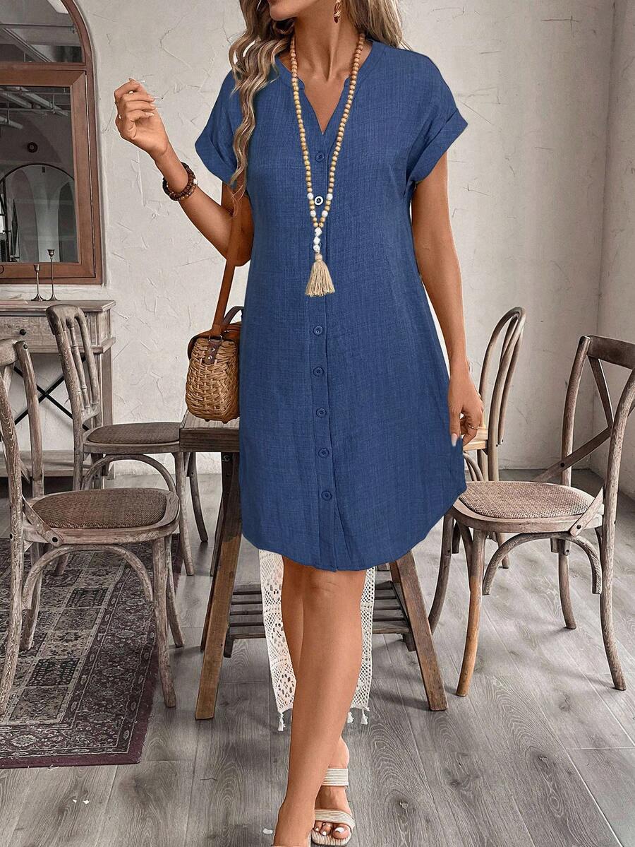 EMERY ROSE Solid Notched Button Front Batwing Sleeve Shirt Dress,Summer Dresses For Women