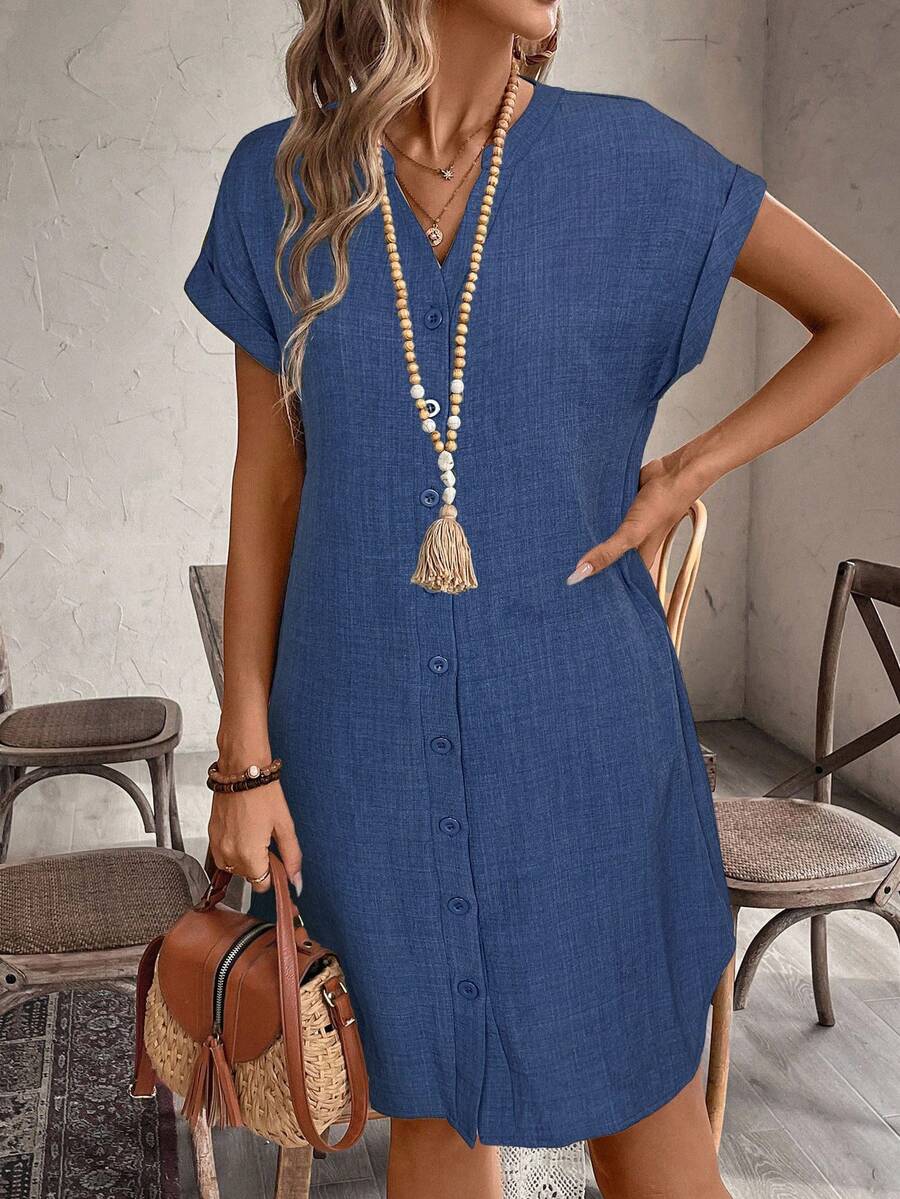 EMERY ROSE Solid Notched Button Front Batwing Sleeve Shirt Dress,Summer Dresses For Women