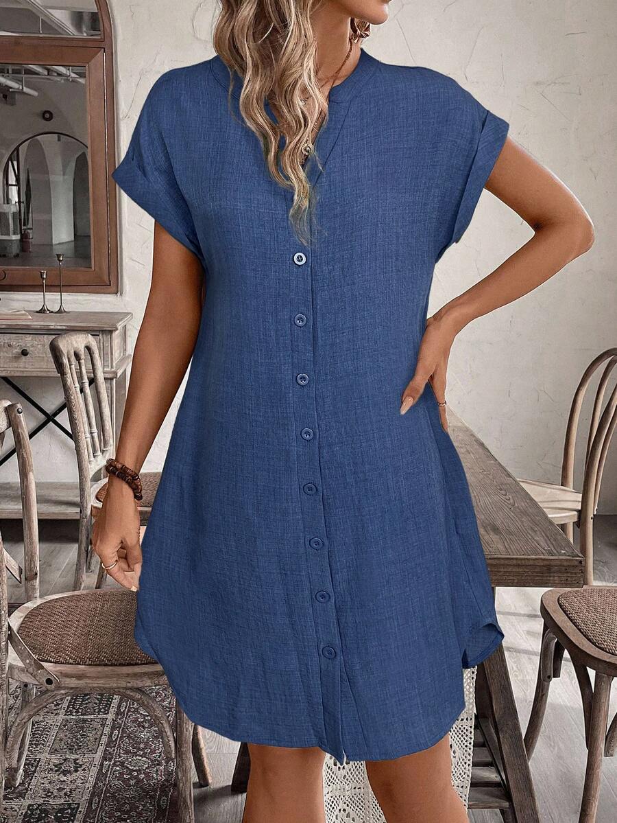 EMERY ROSE Solid Notched Button Front Batwing Sleeve Shirt Dress,Summer Dresses For Women