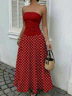 MainGRL Women's Polka Dot Print Waist Cinched Bandeau Dress, Vacation Style,Dresses For Women Casual Sun Dress Long Brown Long Dress Brown Sundress Brown Maxi Dress Brown Polka Dot Dress