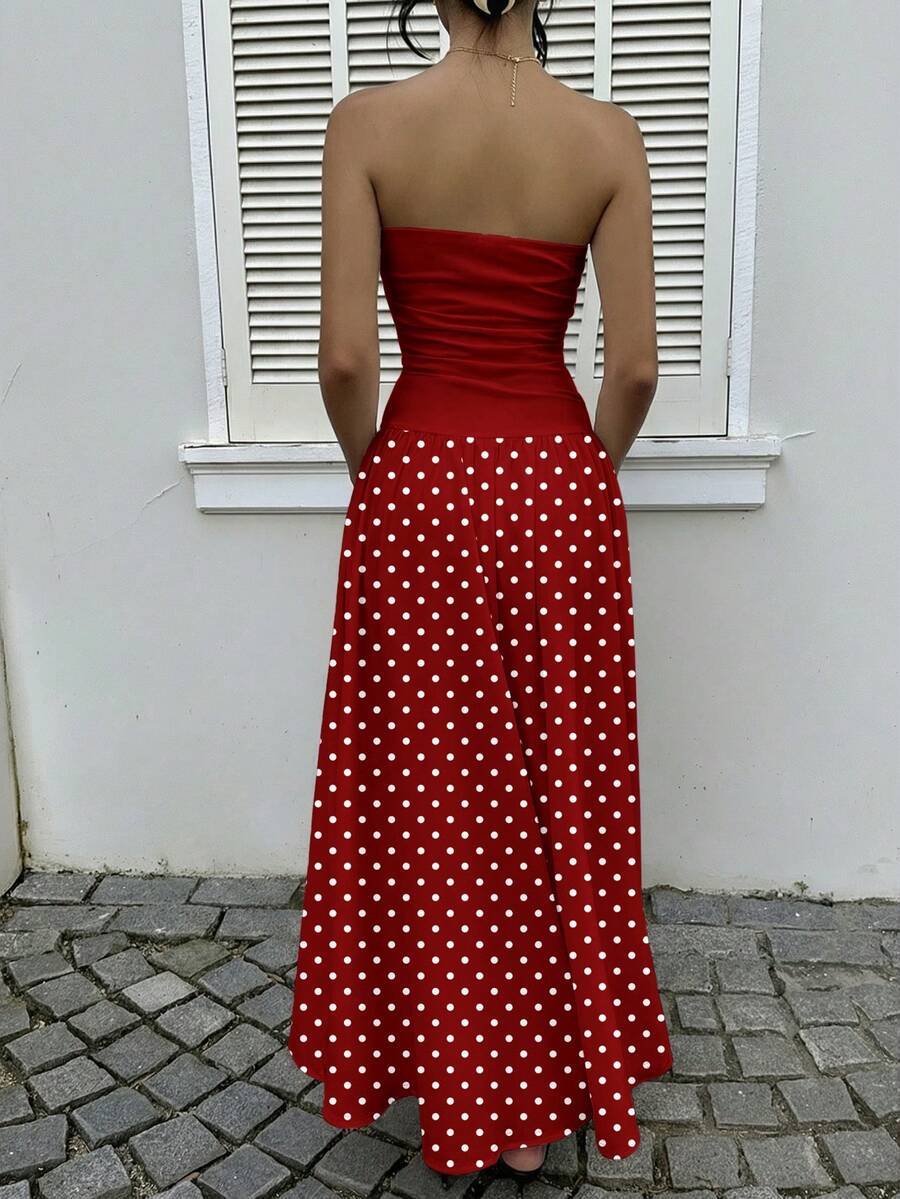 MainGRL Women's Polka Dot Print Waist Cinched Bandeau Dress, Vacation Style,Dresses For Women Casual Sun Dress Long Brown Long Dress Brown Sundress Brown Maxi Dress Brown Polka Dot Dress