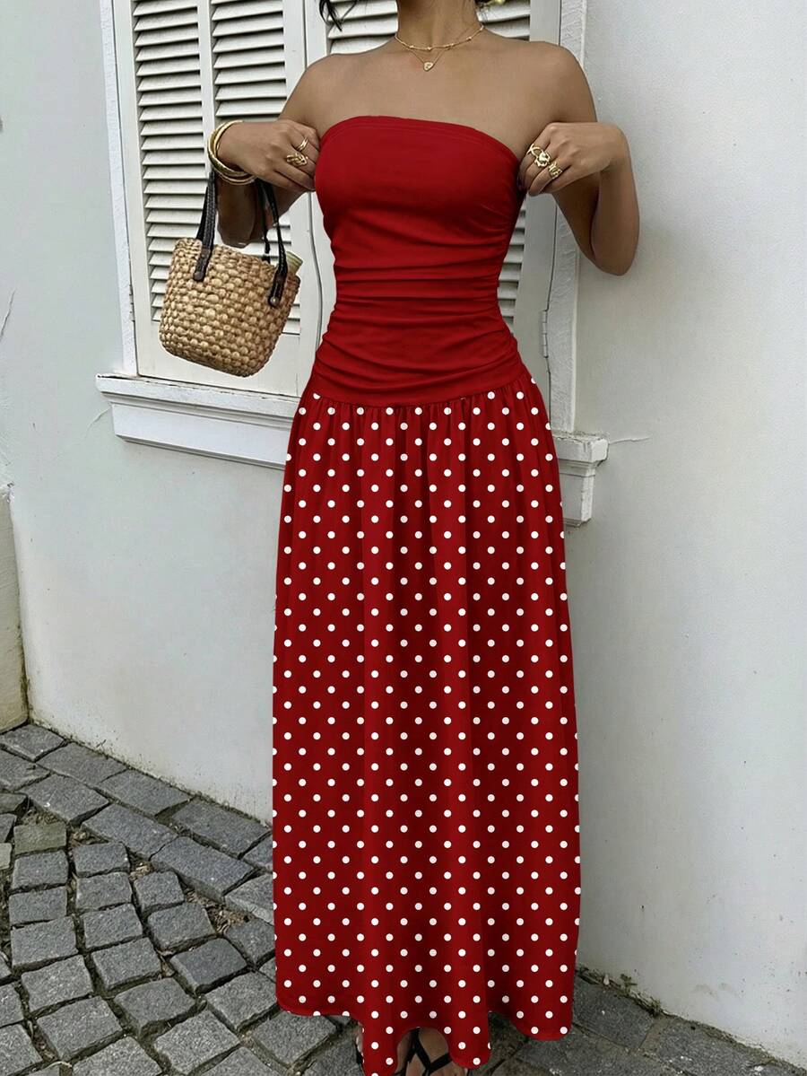 MainGRL Women's Polka Dot Print Waist Cinched Bandeau Dress, Vacation Style,Dresses For Women Casual Sun Dress Long Brown Long Dress Brown Sundress Brown Maxi Dress Brown Polka Dot Dress
