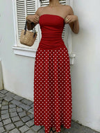 MainGRL Women's Polka Dot Print Waist Cinched Bandeau Dress, Vacation Style,Dresses For Women Casual Sun Dress Long Brown Long Dress Brown Sundress Brown Maxi Dress Brown Polka Dot Dress