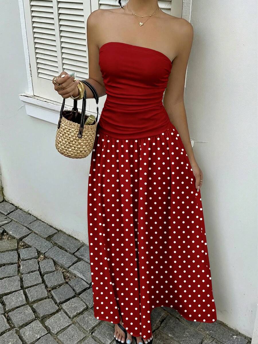 MainGRL Women's Polka Dot Print Waist Cinched Bandeau Dress, Vacation Style,Dresses For Women Casual Sun Dress Long Brown Long Dress Brown Sundress Brown Maxi Dress Brown Polka Dot Dress