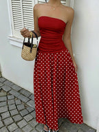 MainGRL Women's Polka Dot Print Waist Cinched Bandeau Dress, Vacation Style,Dresses For Women Casual Sun Dress Long Brown Long Dress Brown Sundress Brown Maxi Dress Brown Polka Dot Dress