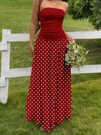 MainGRL Women's Polka Dot Print Waist Cinched Bandeau Dress, Vacation Style,Dresses For Women Casual Sun Dress Long Brown Long Dress Brown Sundress Brown Maxi Dress Brown Polka Dot Dress