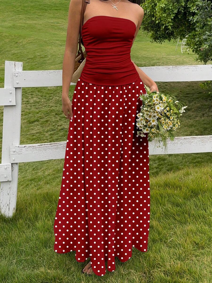MainGRL Women's Polka Dot Print Waist Cinched Bandeau Dress, Vacation Style,Dresses For Women Casual Sun Dress Long Brown Long Dress Brown Sundress Brown Maxi Dress Brown Polka Dot Dress