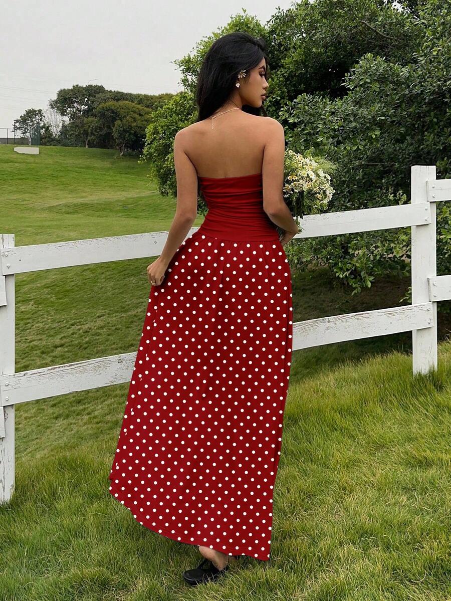 MainGRL Women's Polka Dot Print Waist Cinched Bandeau Dress, Vacation Style,Dresses For Women Casual Sun Dress Long Brown Long Dress Brown Sundress Brown Maxi Dress Brown Polka Dot Dress