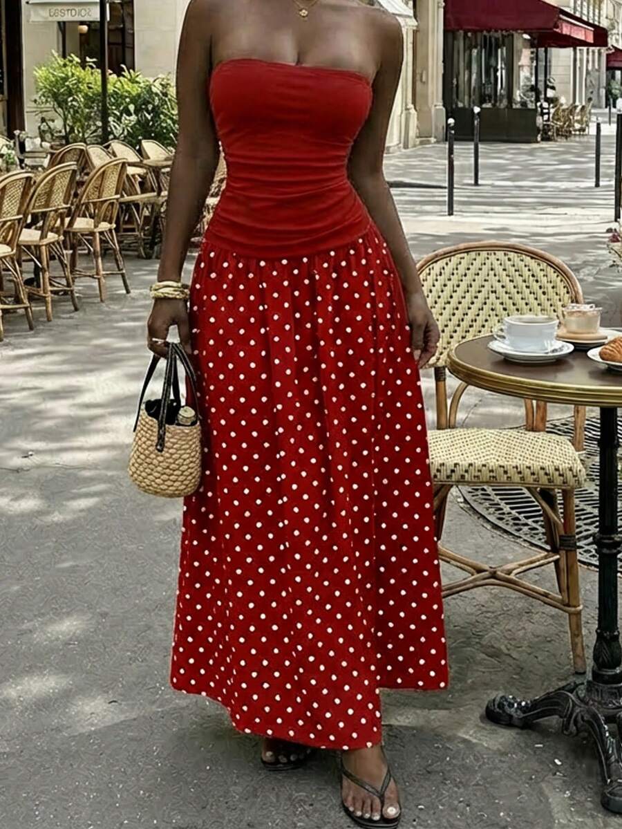 MainGRL Women's Polka Dot Print Waist Cinched Bandeau Dress, Vacation Style,Dresses For Women Casual Sun Dress Long Brown Long Dress Brown Sundress Brown Maxi Dress Brown Polka Dot Dress
