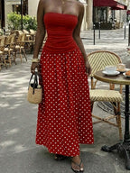 MainGRL Women's Polka Dot Print Waist Cinched Bandeau Dress, Vacation Style,Dresses For Women Casual Sun Dress Long Brown Long Dress Brown Sundress Brown Maxi Dress Brown Polka Dot Dress