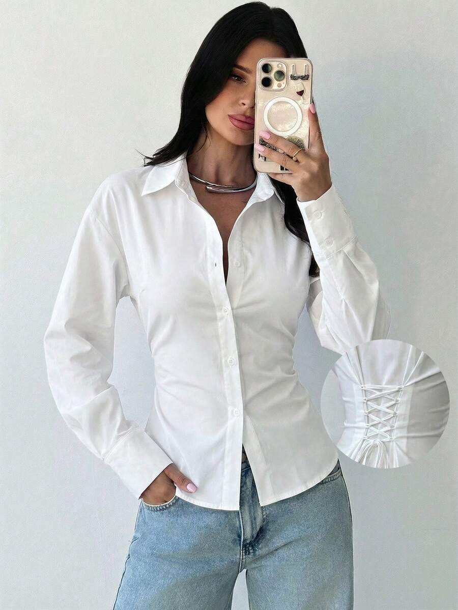 Firerie Women's Blue And White Striped Long Sleeve Shirt, Tie-Waist Shirt, Casual Commuter Shirt, Vacation Shirt, Cinched Waist Striped Shirt, Suitable For Spring, Summer, Autumn And Winter, Elegant, Vacation, Bohemian, Work Attire
