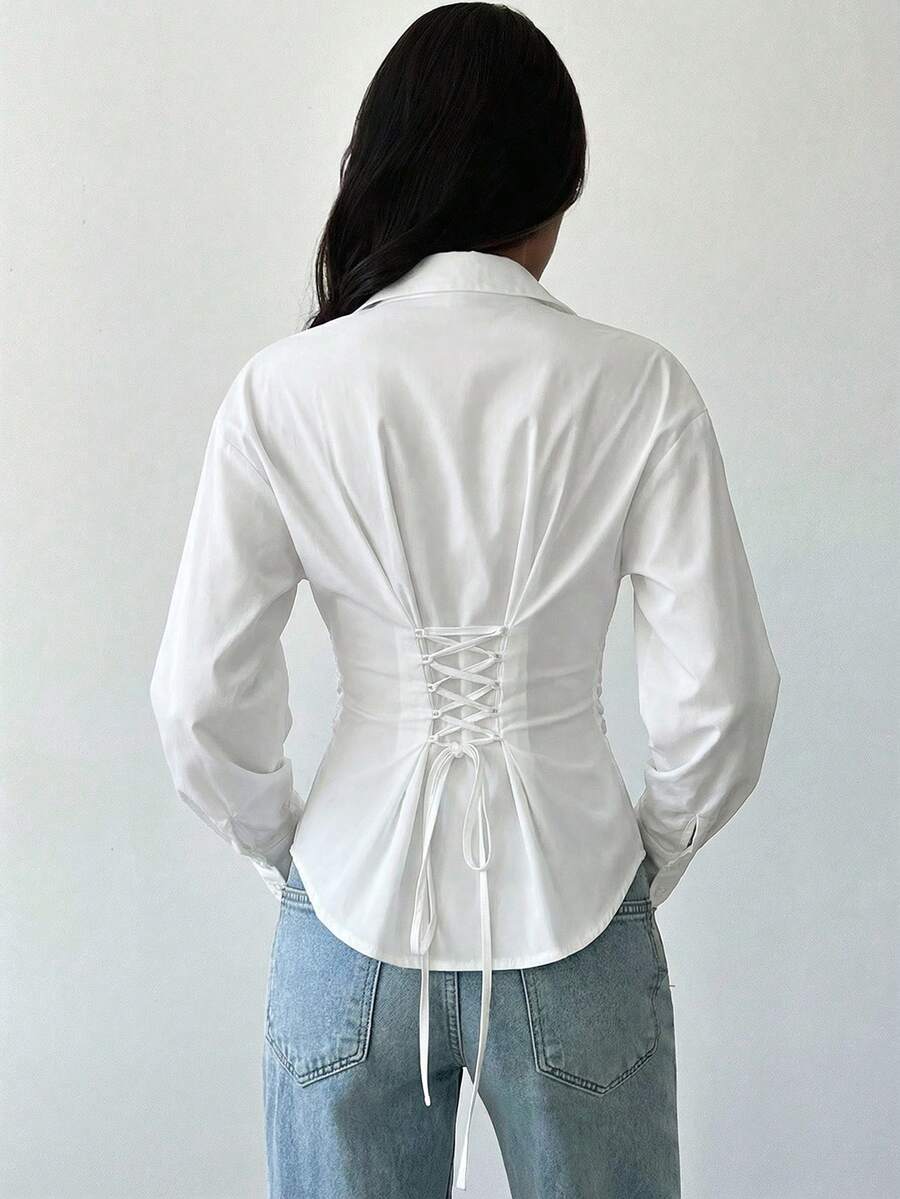 Firerie Women's Blue And White Striped Long Sleeve Shirt, Tie-Waist Shirt, Casual Commuter Shirt, Vacation Shirt, Cinched Waist Striped Shirt, Suitable For Spring, Summer, Autumn And Winter, Elegant, Vacation, Bohemian, Work Attire