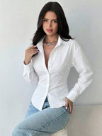 Firerie Women's Blue And White Striped Long Sleeve Shirt, Tie-Waist Shirt, Casual Commuter Shirt, Vacation Shirt, Cinched Waist Striped Shirt, Suitable For Spring, Summer, Autumn And Winter, Elegant, Vacation, Bohemian, Work Attire