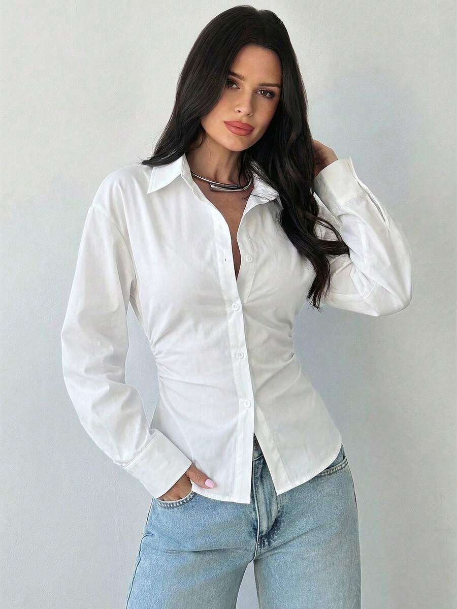 Firerie Women's Blue And White Striped Long Sleeve Shirt, Tie-Waist Shirt, Casual Commuter Shirt, Vacation Shirt, Cinched Waist Striped Shirt, Suitable For Spring, Summer, Autumn And Winter, Elegant, Vacation, Bohemian, Work Attire