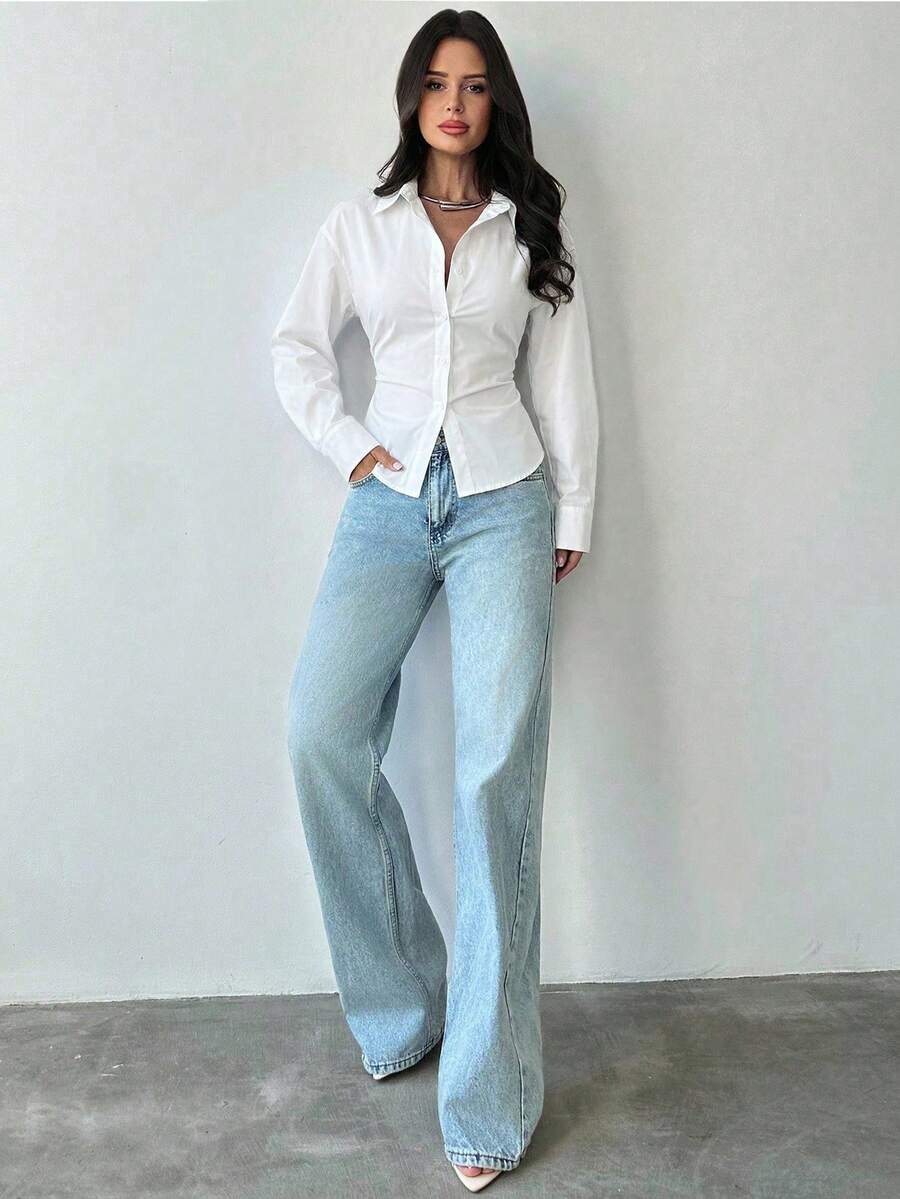 Firerie Women's Blue And White Striped Long Sleeve Shirt, Tie-Waist Shirt, Casual Commuter Shirt, Vacation Shirt, Cinched Waist Striped Shirt, Suitable For Spring, Summer, Autumn And Winter, Elegant, Vacation, Bohemian, Work Attire