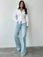 Firerie Women's Blue And White Striped Long Sleeve Shirt, Tie-Waist Shirt, Casual Commuter Shirt, Vacation Shirt, Cinched Waist Striped Shirt, Suitable For Spring, Summer, Autumn And Winter, Elegant, Vacation, Bohemian, Work Attire