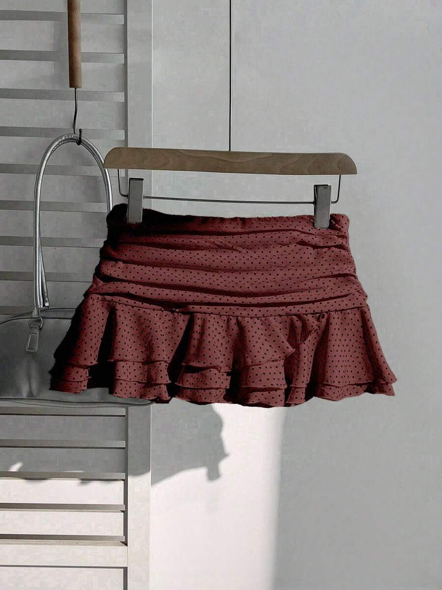 Elamini Women's Fashion Pleated Layered Decor Sweet Design Charming Polka Dot Ruffle Hem Vacation Style Skirt